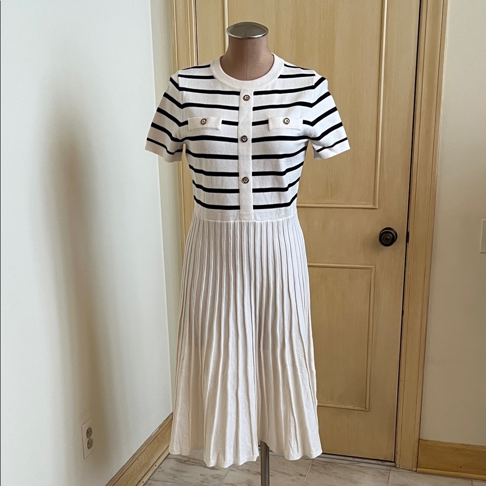 ZESICA NWT Preppy Paris Knit Fit/Flare Pleat Skirt Black/Navy & Cream Dress SZ M